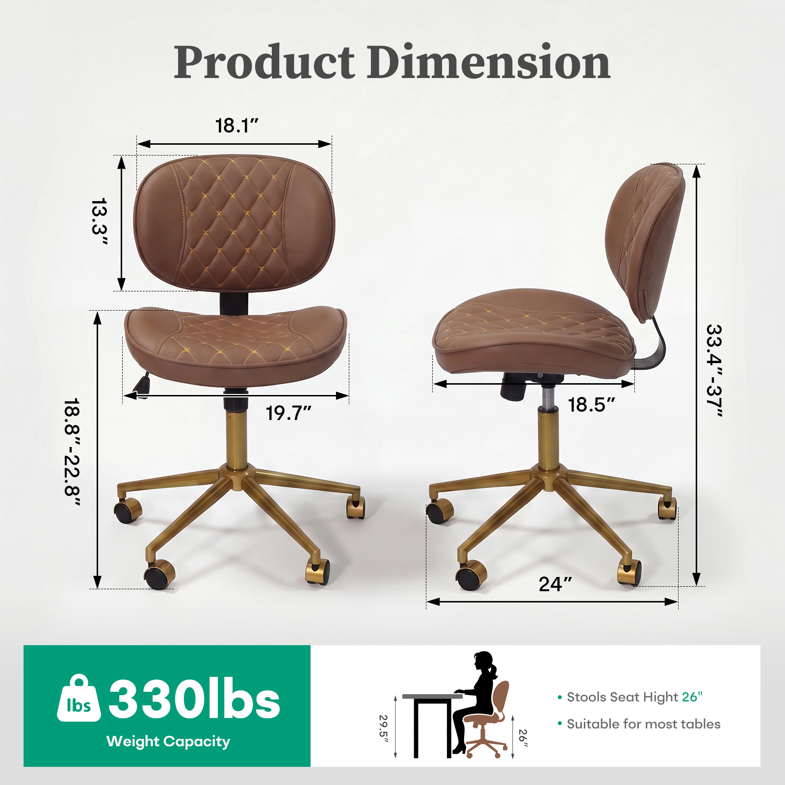 Ninecer Brown and Gold Office Chair Armless, Small Computer Desk Chair No Arms with Wheels, Lumbar Support, Adjustable Height for Home Office - Image 2