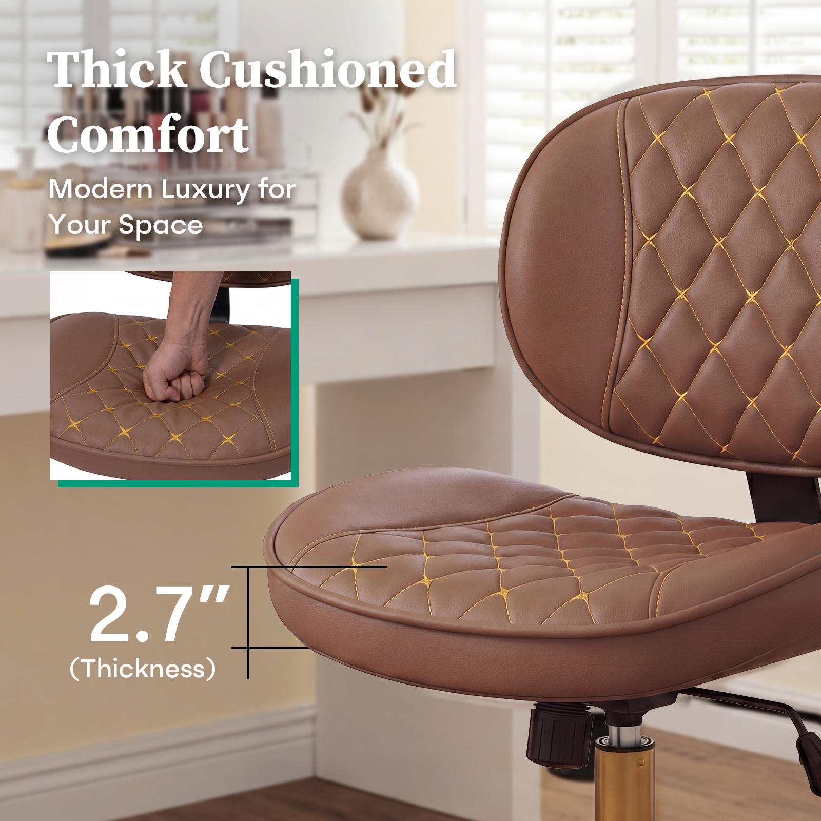 Ninecer Brown and Gold Office Chair Armless, Small Computer Desk Chair No Arms with Wheels, Lumbar Support, Adjustable Height for Home Office - Image 3