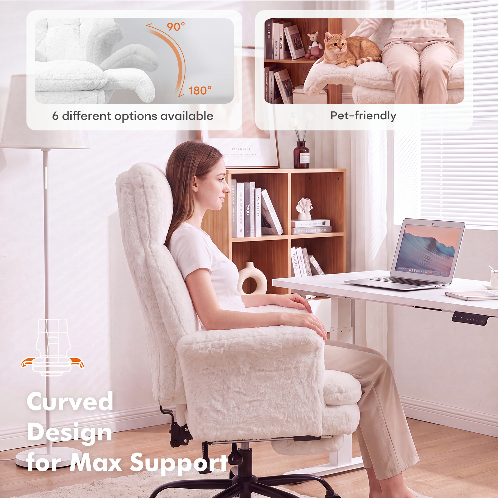 Ninecer Big and Tall Office Chair, Cross Legged Office Chair with Footrest, Reversible Armrests and Wide Seat, Reclining Teddy Fleece Criss Cross Desk Chair, White - Image 4