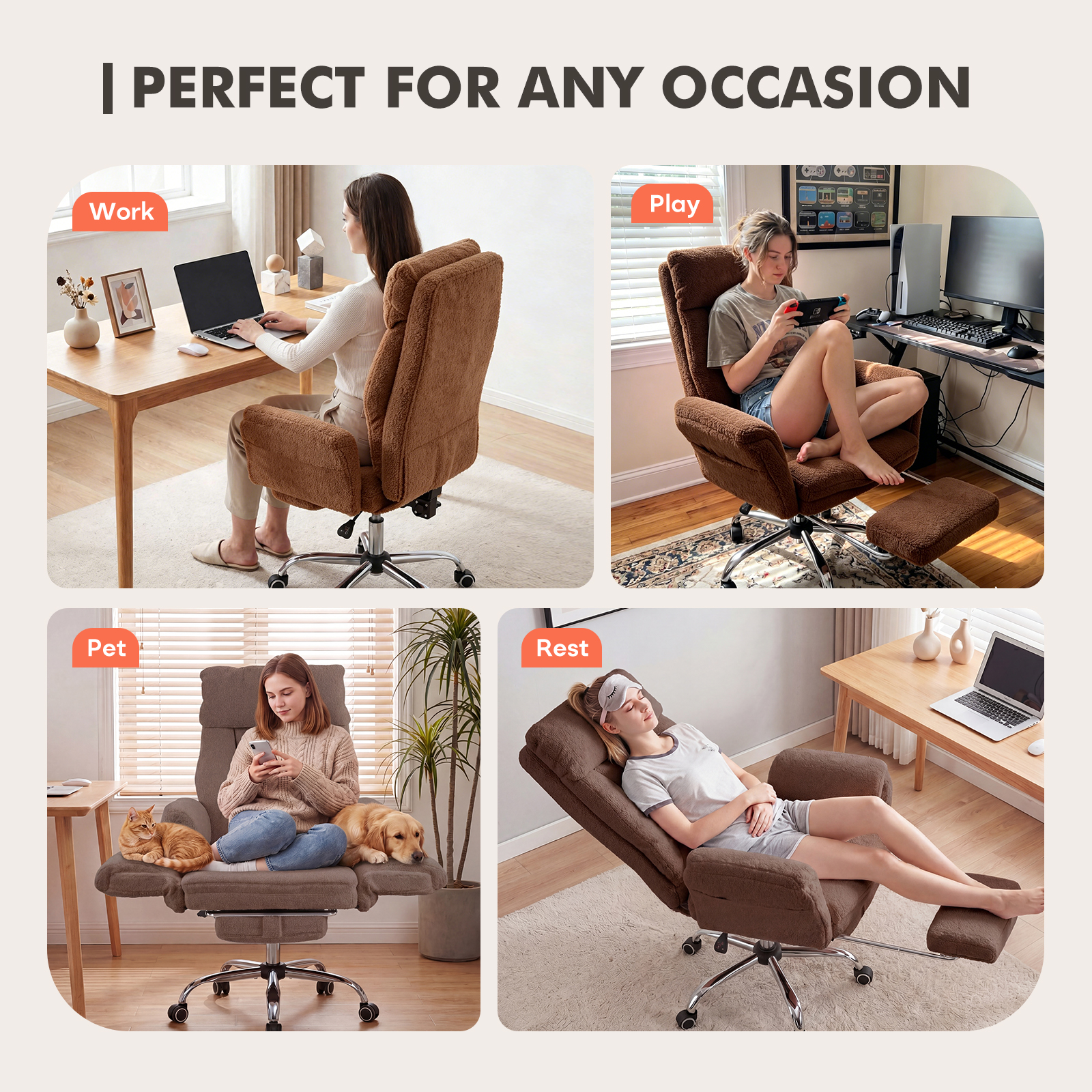 Ninecer Big and Tall Office Chair, Cross Legged Office Chair with Footrest, Reversible Armrests and Wide Seat, Reclining Teddy Fleece Criss Cross Desk Chair, Brown - Image 2