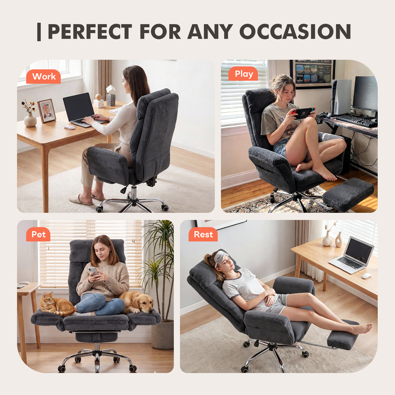 Ninecer Big and Tall Office Chair, Cross Legged Office Chair with Footrest, Reversible Armrests and Wide Seat, Reclining Teddy Fleece Criss Cross Desk Chair, Black - Image 3