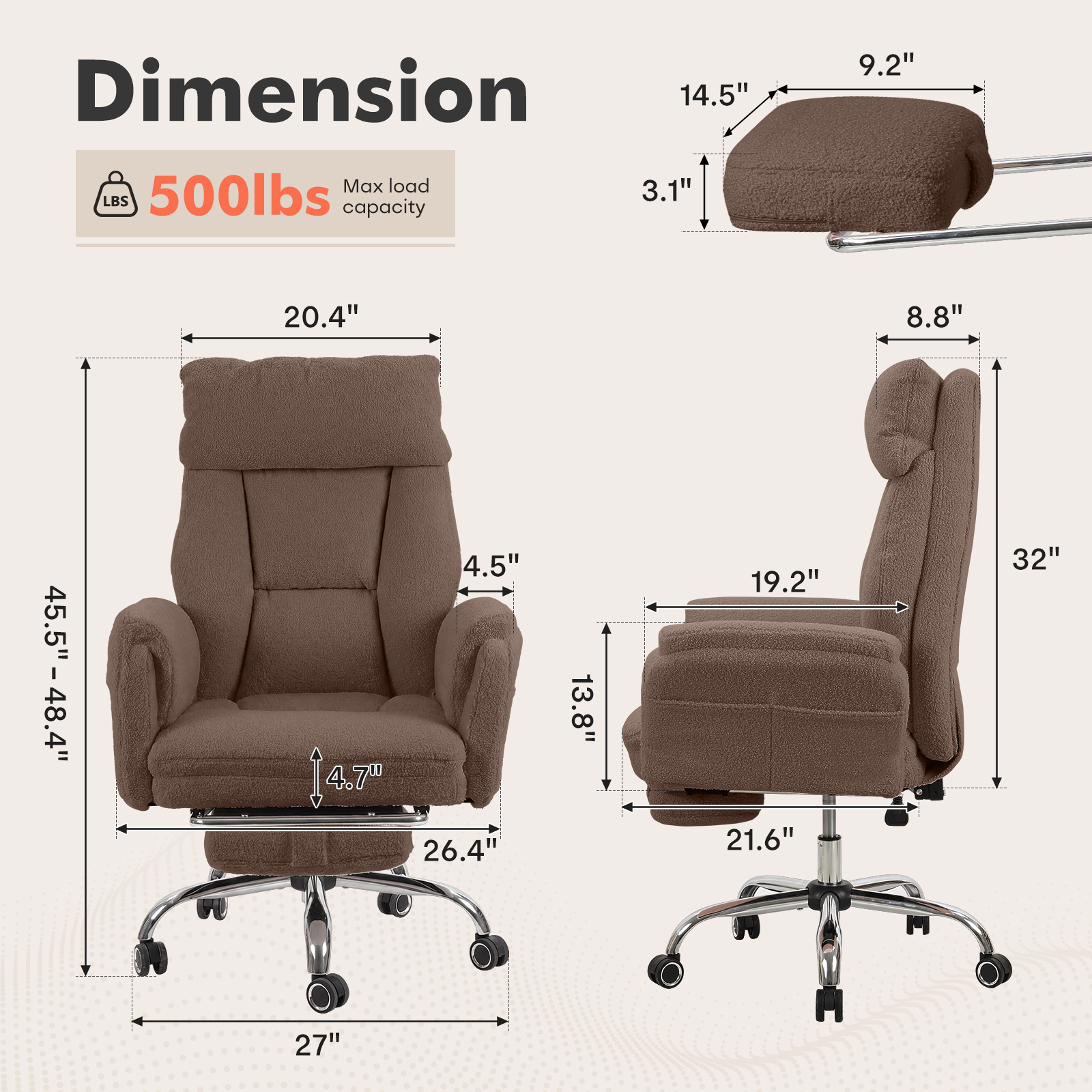 Ninecer Big and Tall Office Chair, Cross Legged Office Chair with Footrest, Reversible Armrests and Wide Seat, Reclining Teddy Fleece Criss Cross Desk Chair, Brown - Image 3