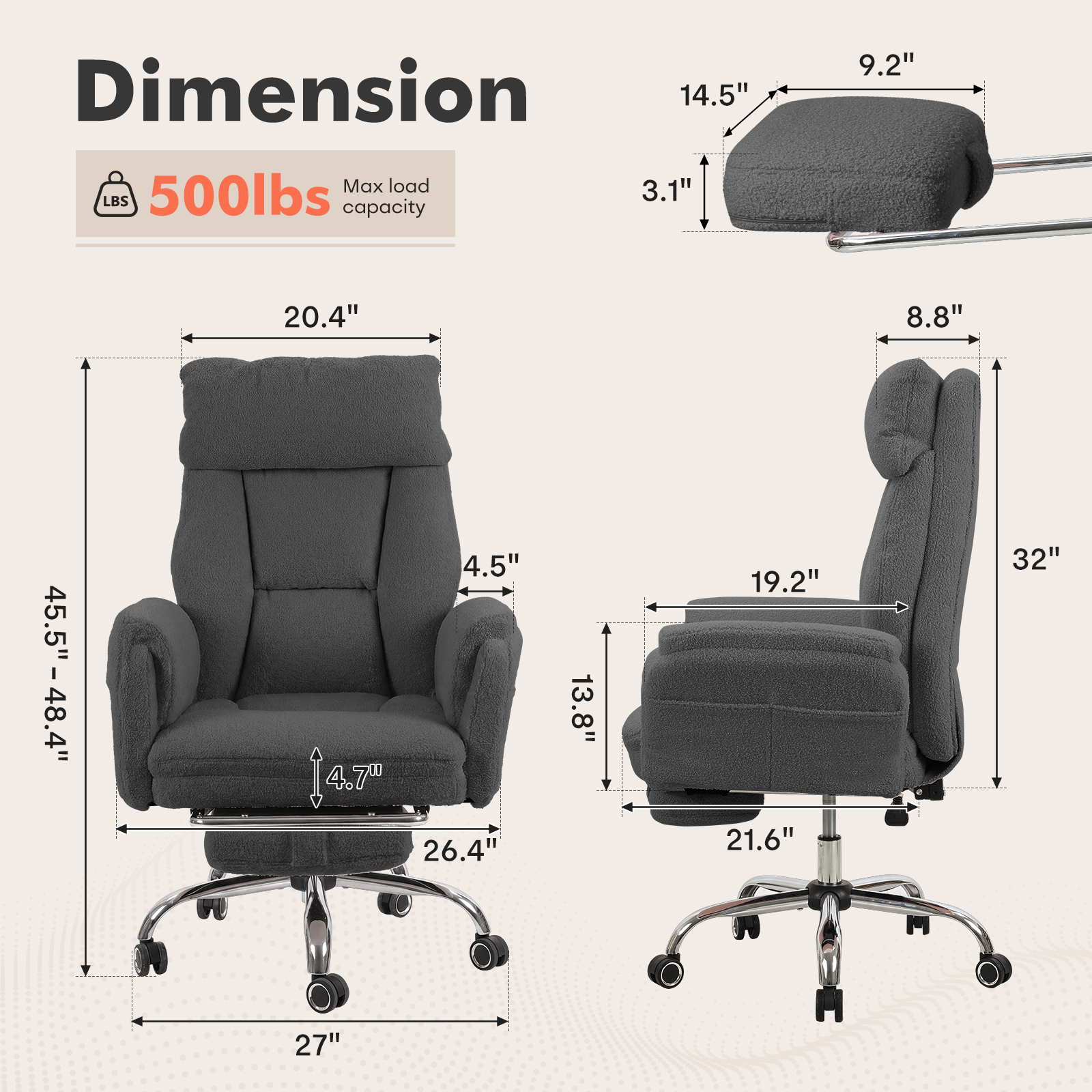 Ninecer Big and Tall Office Chair, Cross Legged Office Chair with Footrest, Reversible Armrests and Wide Seat, Reclining Teddy Fleece Criss Cross Desk Chair, Black - Image 2