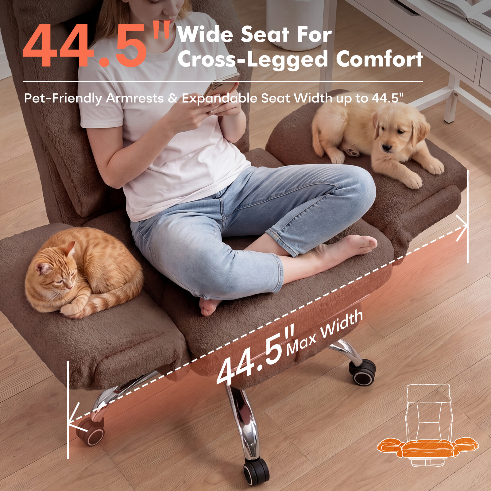 Ninecer Big and Tall Office Chair, Cross Legged Office Chair with Footrest, Reversible Armrests and Wide Seat, Reclining Teddy Fleece Criss Cross Desk Chair, Brown - Image 4