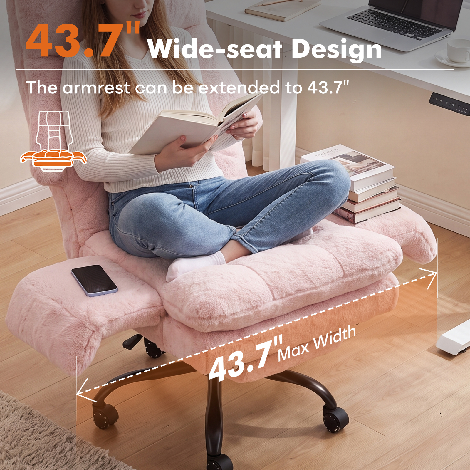 Ninecer Big and Tall Office Chair, Cross Legged Office Chair with Footrest, Reversible Armrests and Wide Seat, Reclining Teddy Fleece Criss Cross Desk Chair, Pink - Image 3