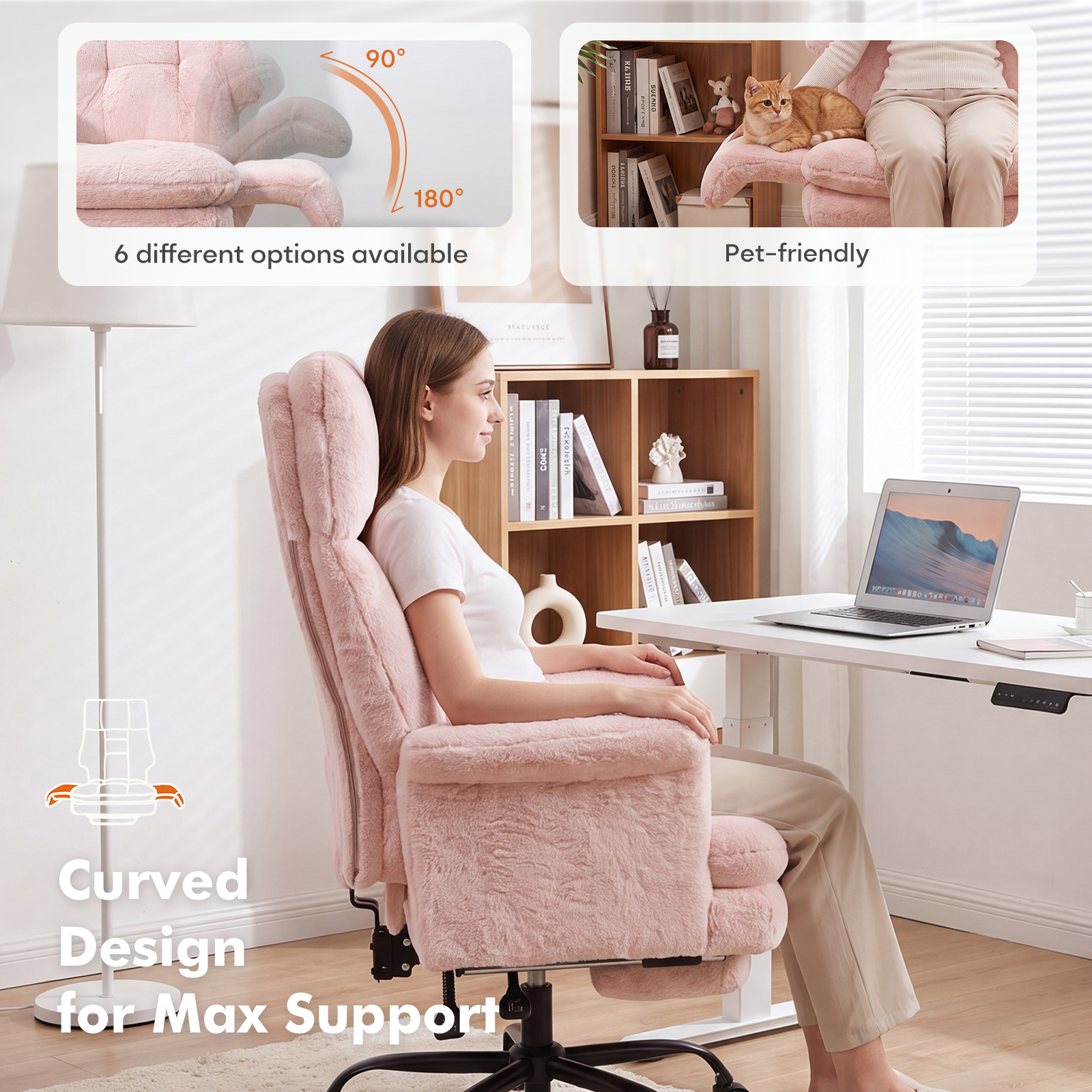 Ninecer Big and Tall Office Chair, Cross Legged Office Chair with Footrest, Reversible Armrests and Wide Seat, Reclining Teddy Fleece Criss Cross Desk Chair, Pink - Image 4