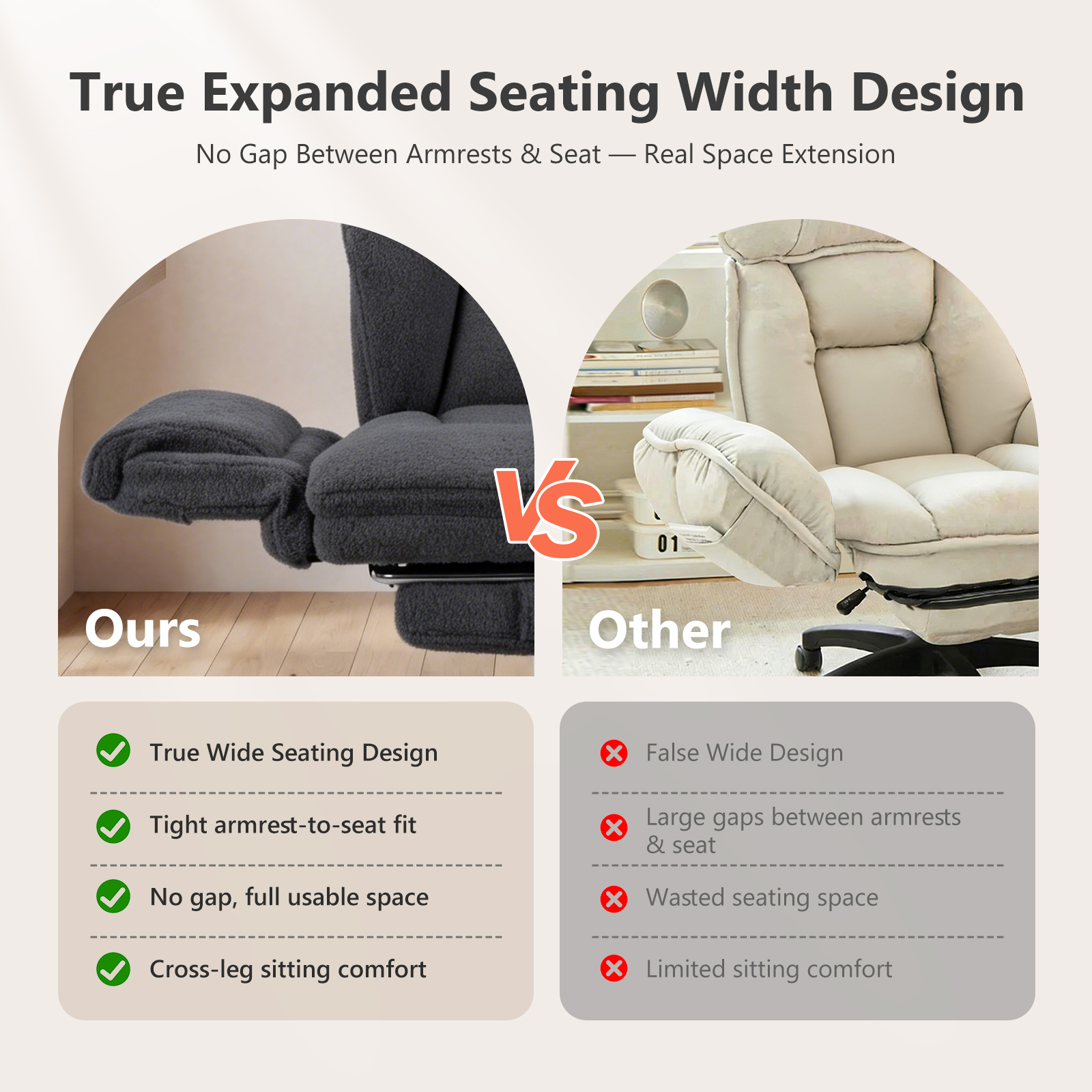 Ninecer Big and Tall Office Chair, Cross Legged Office Chair with Footrest, Reversible Armrests and Wide Seat, Reclining Teddy Fleece Criss Cross Desk Chair, Black - Image 5