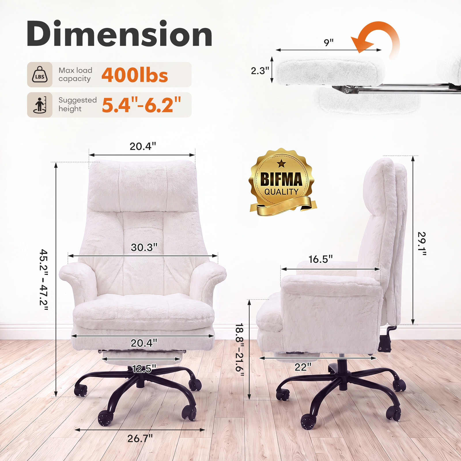 Ninecer Big and Tall Office Chair, Cross Legged Office Chair with Footrest, Reversible Armrests and Wide Seat, Reclining Teddy Fleece Criss Cross Desk Chair, White - Image 2